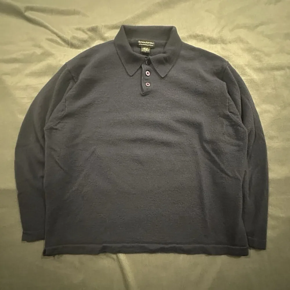 Banana Republic Sweater Mens L Extra Fine Italian Merino Wool Polo Pullover Navy